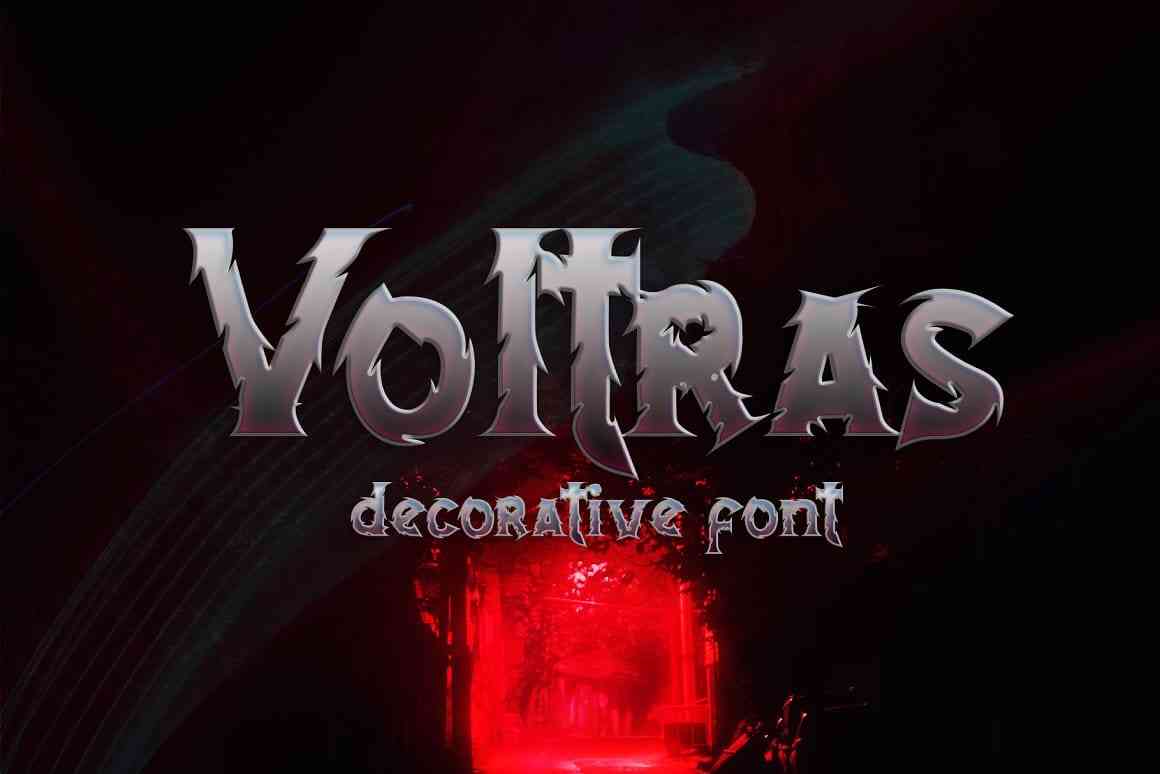 A sample of Voltras, a decorative font inspired by retro thriller movie posters. The font is displayed in black against a white background. The letters are elongated and sharp, with strong lines that give them a sense of power and authority. The font is designed to be eye-catching, with each letter standing out on its own, yet blending seamlessly with the others to form a cohesive whole. The negative space between the letters creates a sense of balance and symmetry, adding to the font's overall drama and excitement.